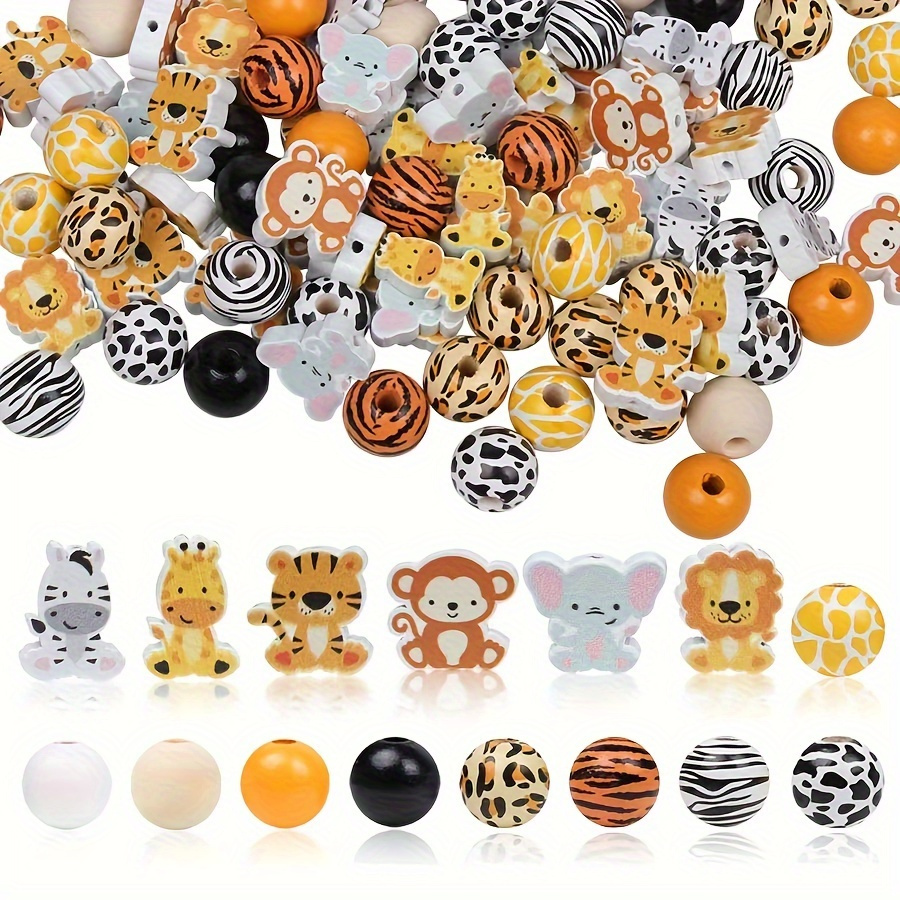 

95-piece Animal Print Wooden Beads Set - Diy Craft Kit With Cow, Leopard, Tiger, Zebra, Giraffe, Elephant, Monkey & Lion Designs For Farmhouse Decor, Party Ornaments, And Wall Hangings