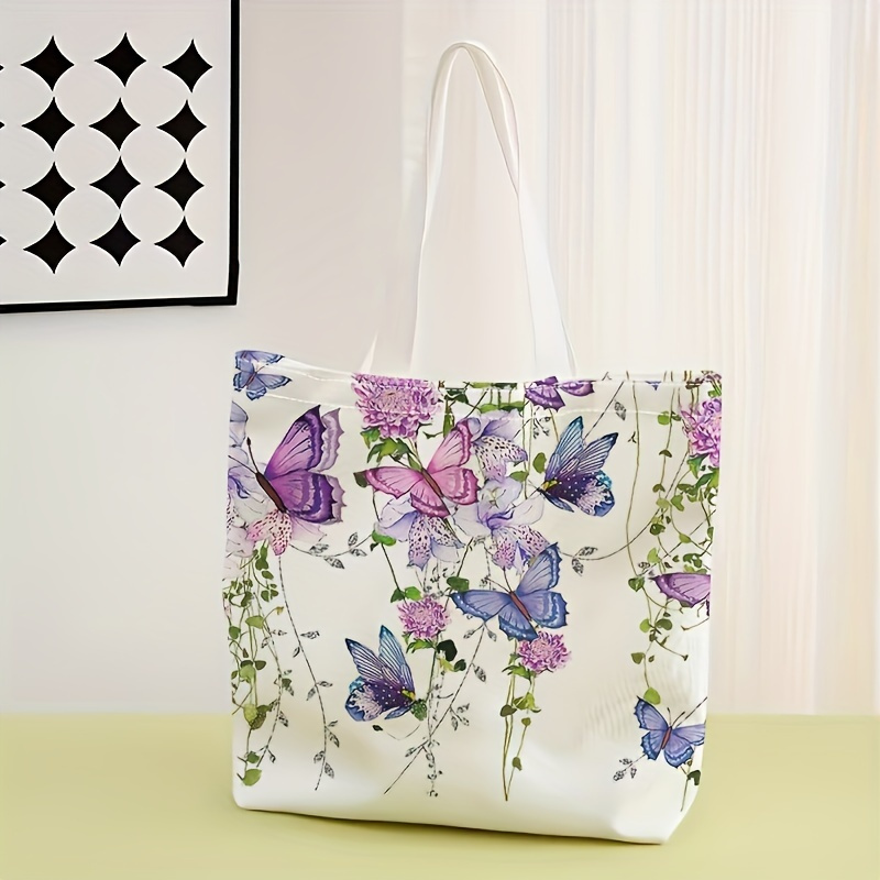 

1pc Floral And Print Tote Bag For Women, Large Capacity Casual Travel Beach Shoulder Bag, Reusable Polyester Shopping Bag With No Closure Or Oil Detail