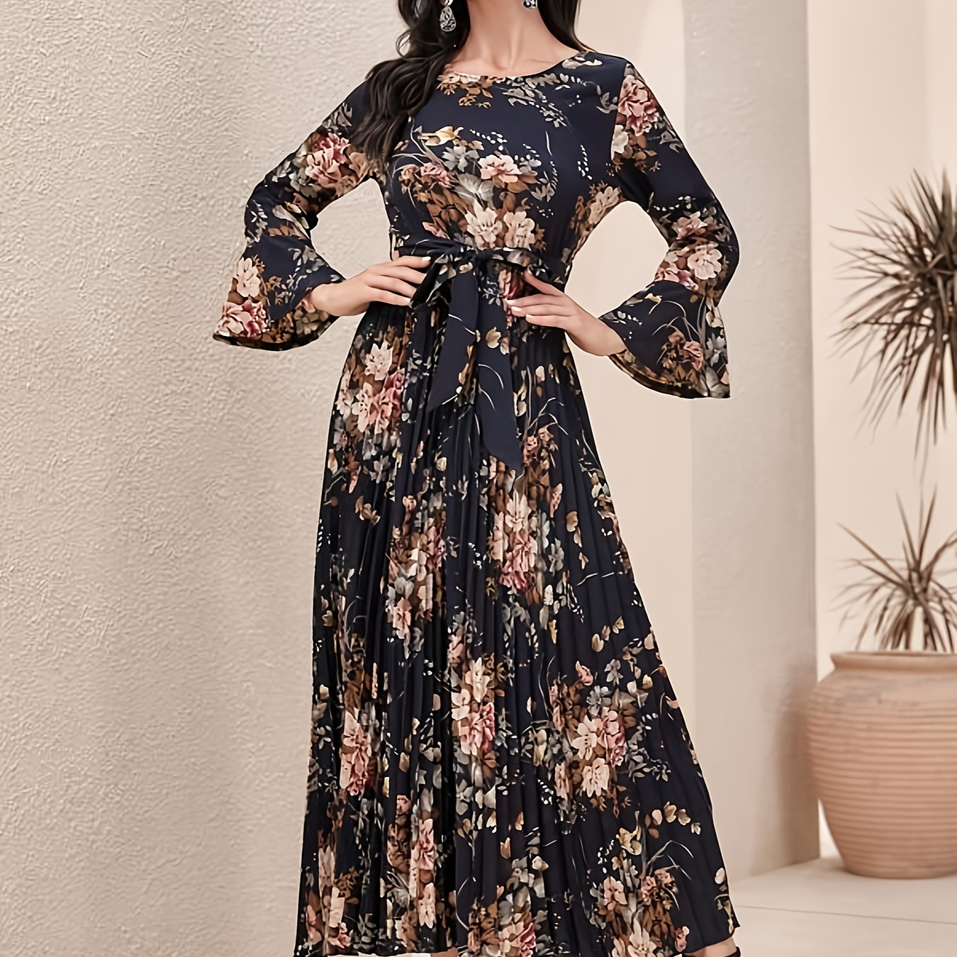 

Floral Print Belted Pleated Dress, Elegant Crew Neck Flare Sleeve Dress For Spring & Fall, Women's Clothing For Ramadan