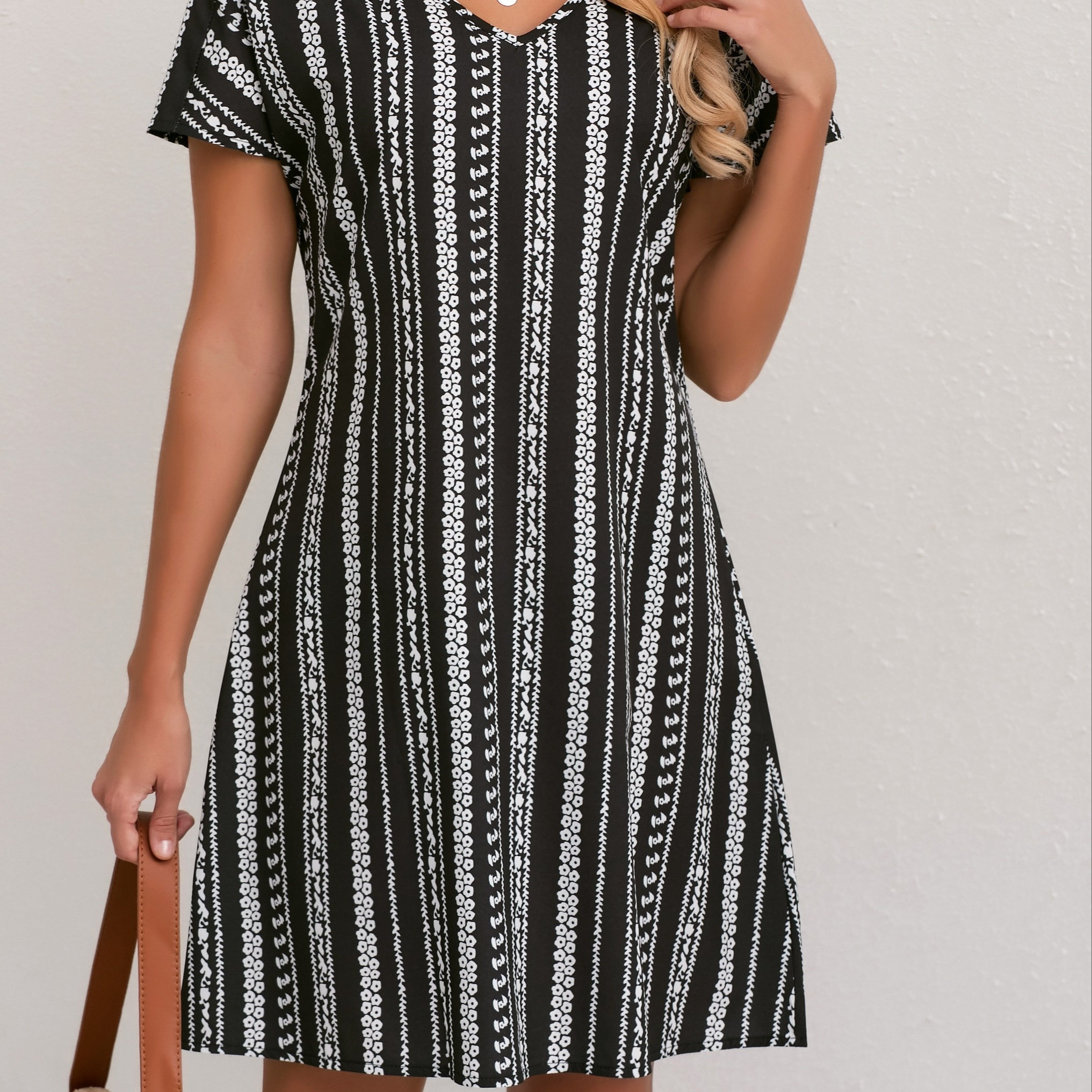 

Print V-neck Dress, Vacation Short Sleeve Dress For Summer & Spring, Women's Clothing