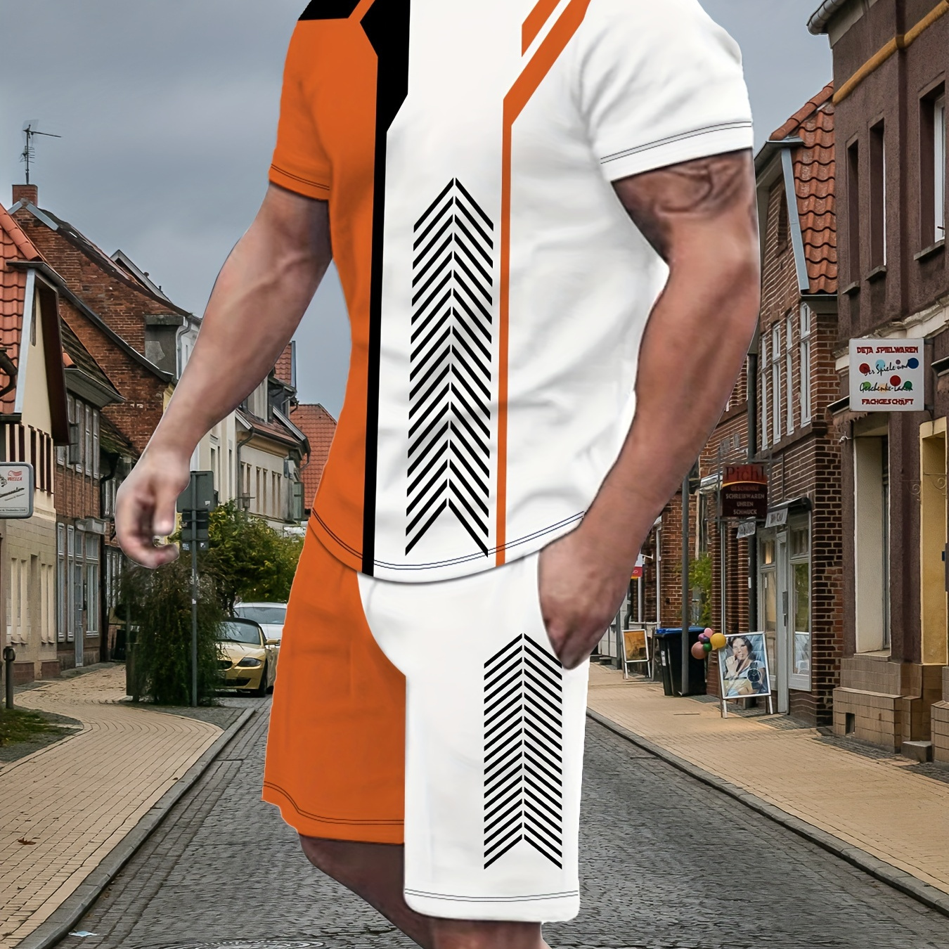 

Men's Outfit, Arrows Pattern Casual Crew Neck Short Sleeve T-shirt & Shorts 2-piece Set For Summer Outdoor Activities