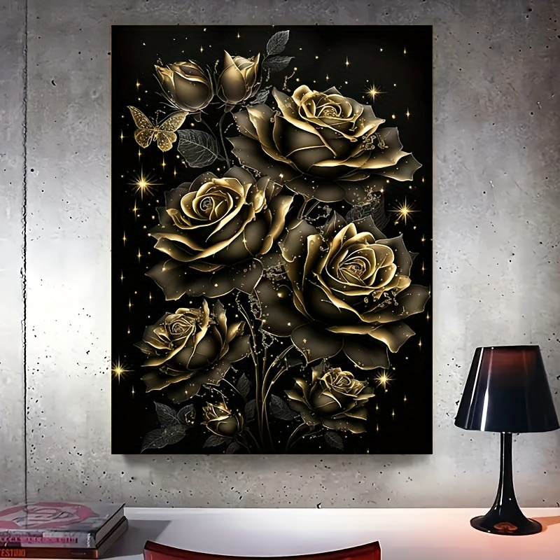 

1pc Diamond Painting Kit, Flower Series Black Golden Rose Diy 5d Diamond Painting Art Kit For Adult Beginners, Diamond Painting Round Full Rhinestone Used For Home Wall Decoration