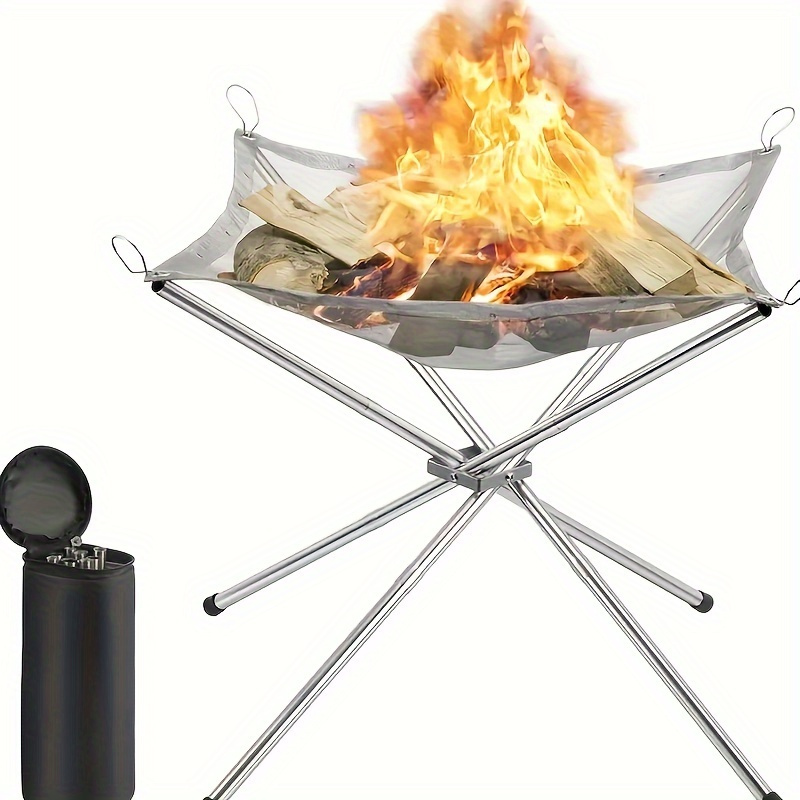 1pc Folding Portable Steel Mesh Camping Fire Pit, Outdoor Wood Burning Bonfires Rack, Stainless Steel Fire Pit, With Carrying Bag (42cm/16.5inch)