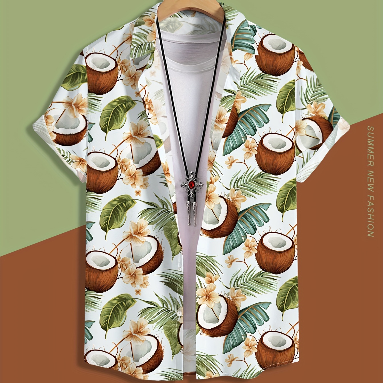 

Men's Coconut Graphic Print Shirt, Casual Lapel Button Up Short Sleeve Shirt For Outdoor Activities