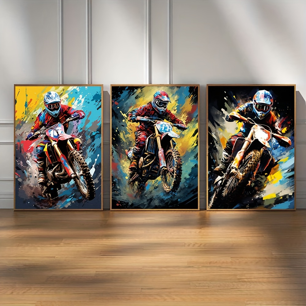 

Modern Motocross Canvas Art Set Of 3 - Frameless Dirt Bike Prints For Boys Bedroom & Home Office Decor