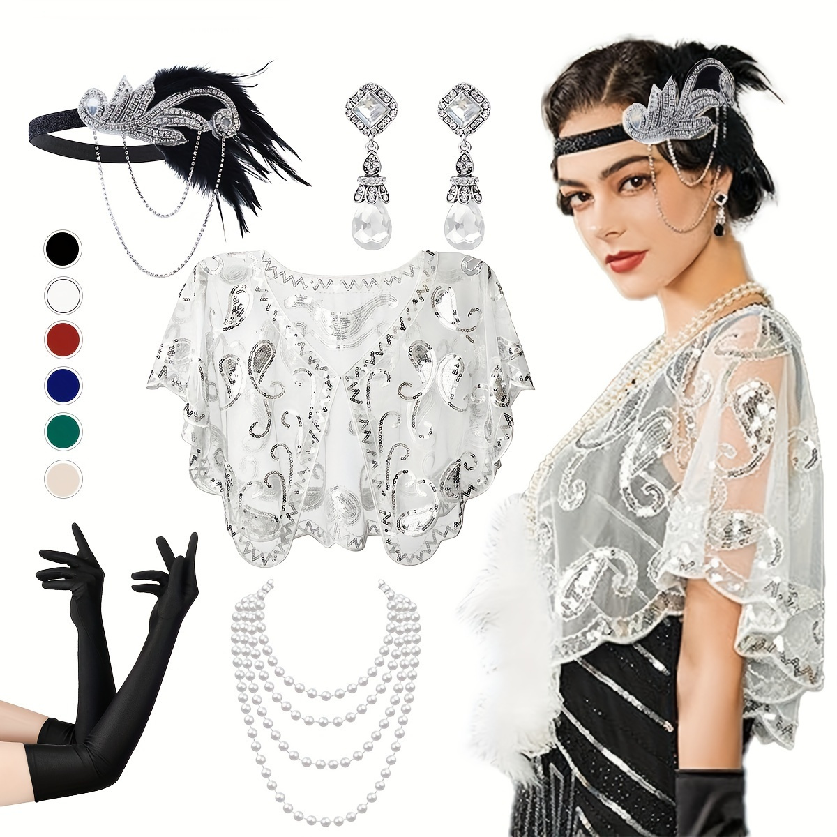 

7pcs1920s Flapper Accessory Set Women's Costume With Headband, Sequined Shawl, Beaded Earrings, Faux Pearl Necklace, Evening Satin Gloves Retro 20's Party, Wedding Fashion Kit