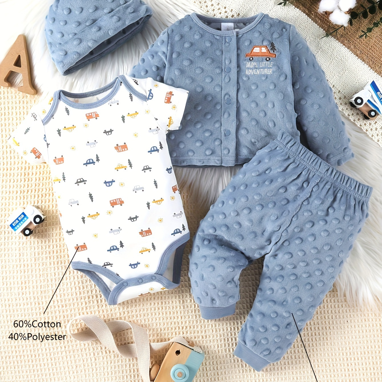 4-Piece Autumn/Winter Set for Boys, Cartoon Car Design, Long Sleeve Velvet Outfit with Hood for Baby Boys, Perfect for Outdoors