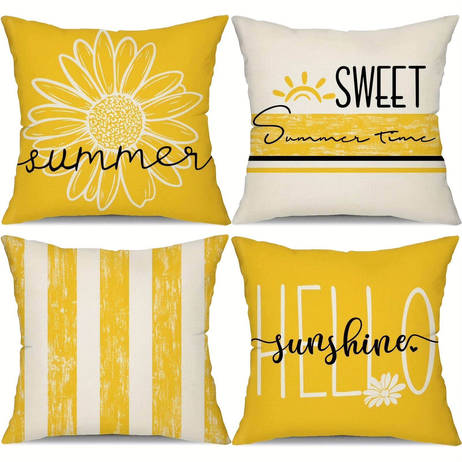 

4pcs, Linen Blend Yellow Letter Floral Summer Throw Pillow Cover