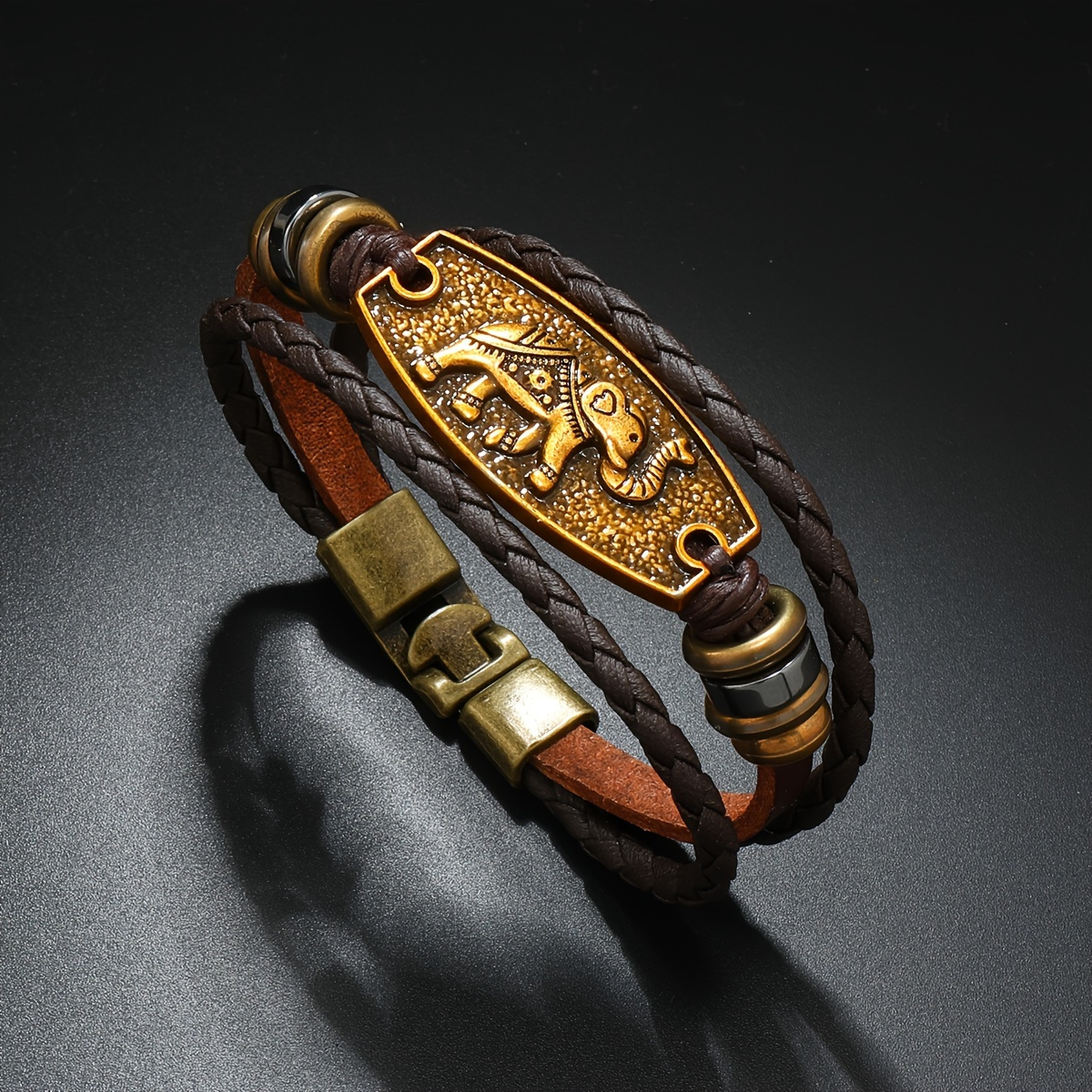 

Bracelet En Cuir PU Tissé Avec Perles D'éléphant En Alliage Unique Pour Hommes, Accessoires