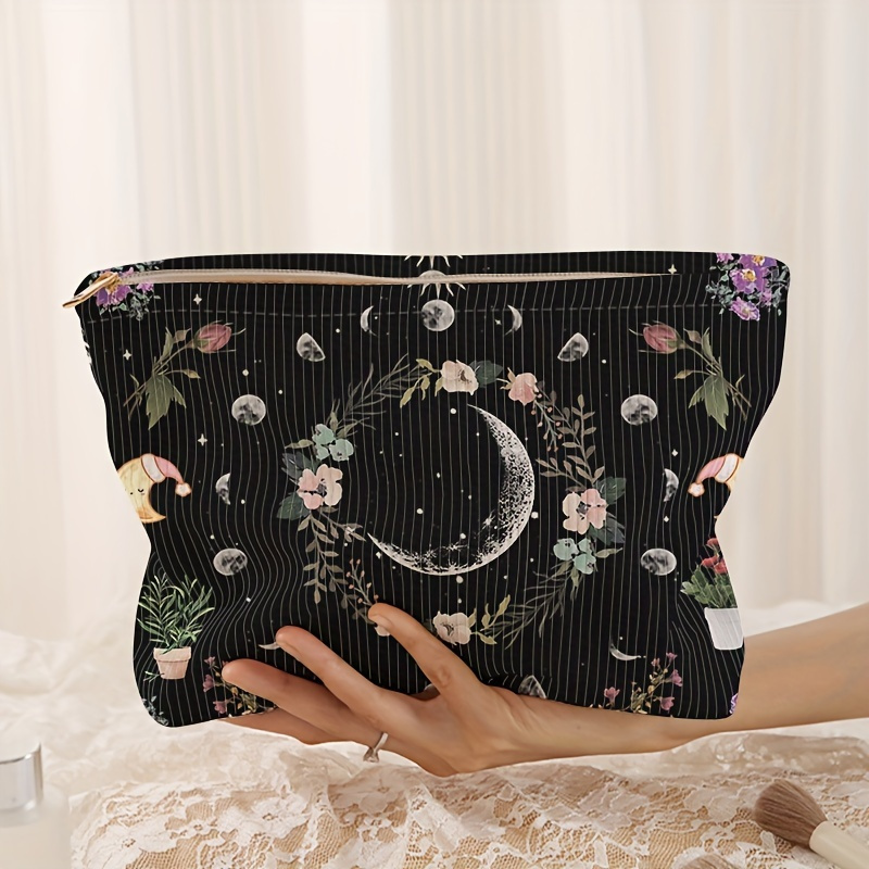 

Moon Flower Pattern Corduroy Storage Bag, Lightweight Zipper Makeup Bag Cosmetic Bag, Versatile Toiletry Bag With Liner Gift For Girlfriend Girls Women Ramadan Gift For Eid, Ramadan