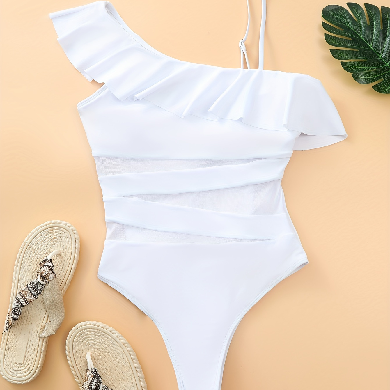 

White Contrast Mesh Bathing Suit, Asymmetrical Straps Ruffle Stretchy High Cut 1 Piece Swimsuit, Women's Swimwear & Clothing