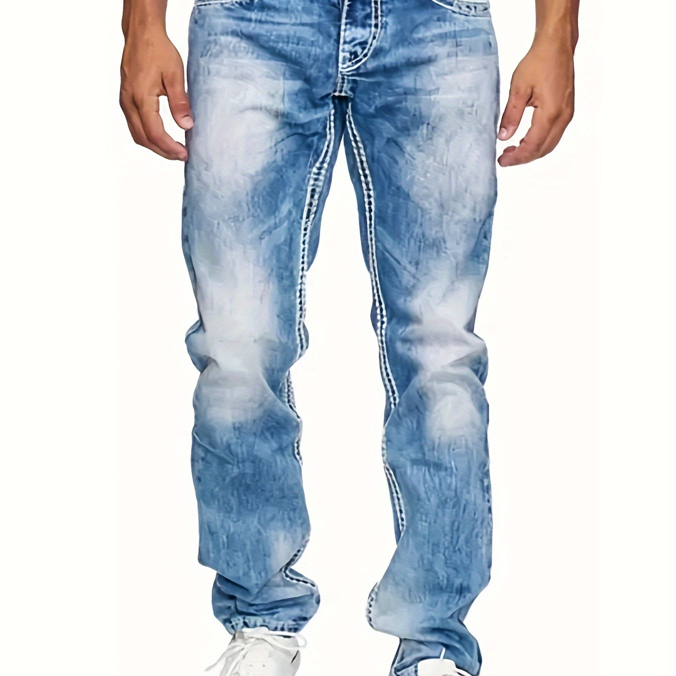 

Men's Casual Straight-leg Jeans With Embroidery Detail - Cotton Blend Denim, Medium Stretch, Regular Fit, Washed Finish For All-season Wear