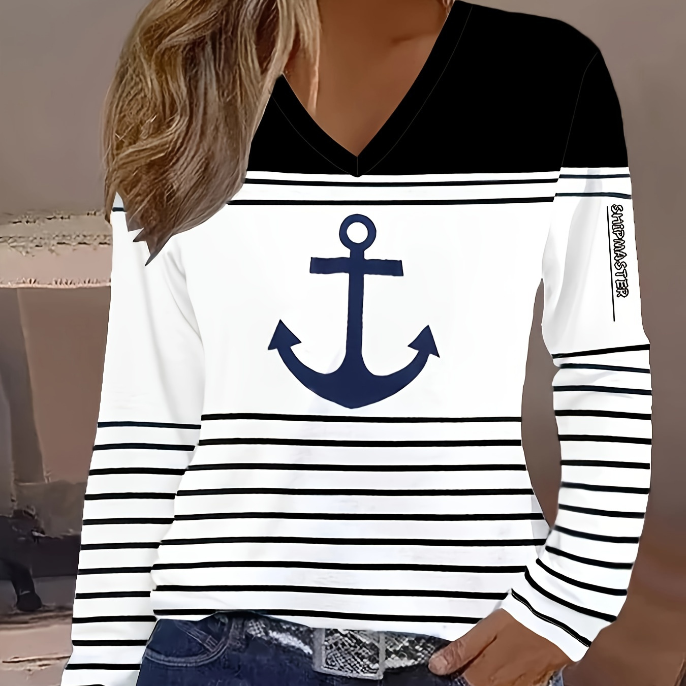 

Anchor & Stripe Print V Neck T-shirt, Casual Long Sleeve Top For Spring & Fall, Women's Clothing