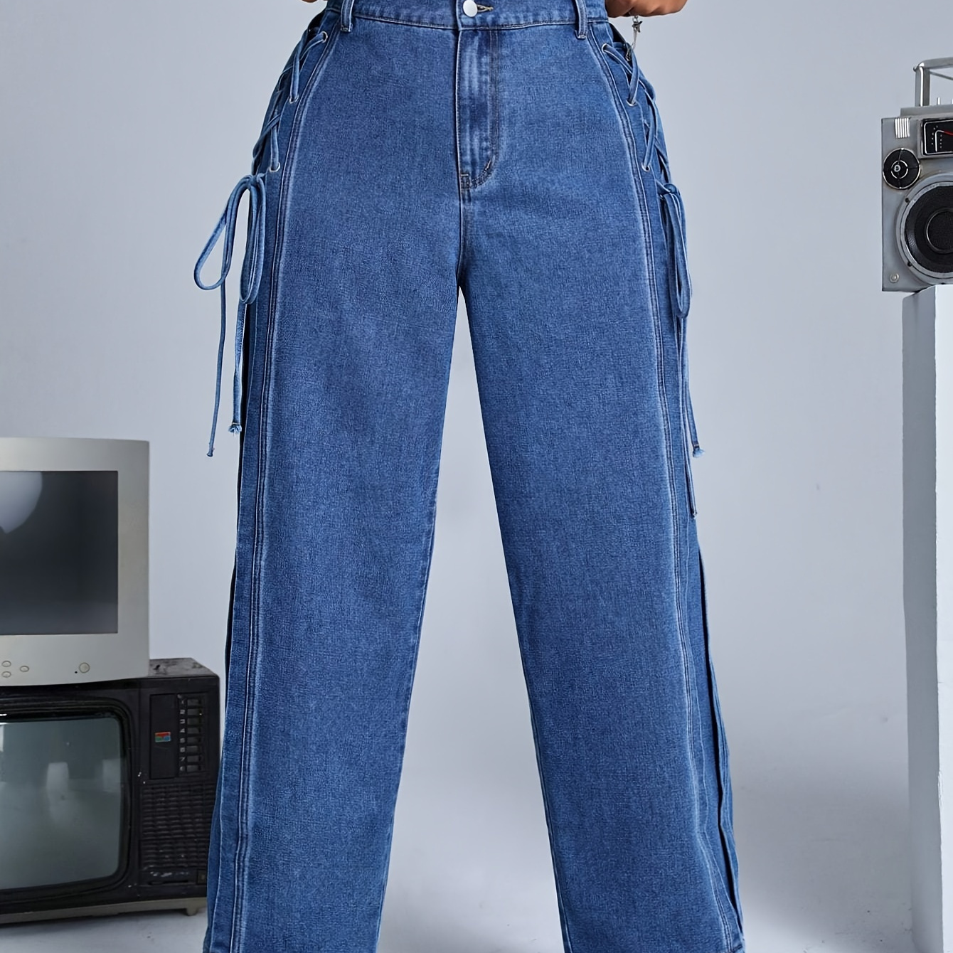 

Women's Elegant Jeans, Plus Size Lace Up Tie Side Loose Fit High Rise Plain Washed Blue Denim Pants