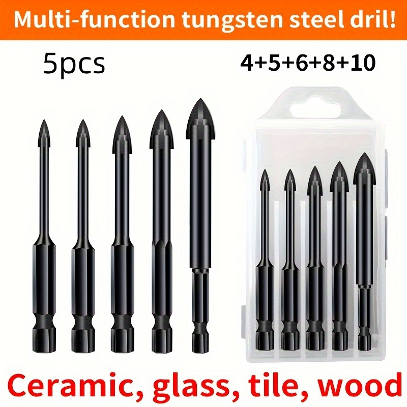 

5pcs Multifunctional Tungsten Steel Drill Set, Durable Alloy, Suitable For Drilling Ceramic, Glass, Tile, Wood, Sizes 4-10mm, With Case
