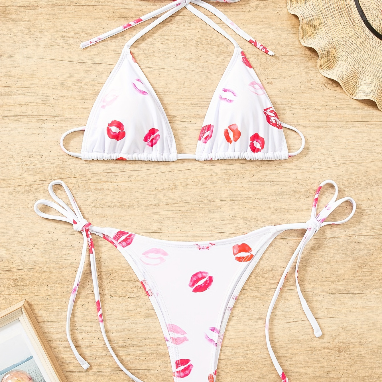 

Women's Two-piece Sexy Halter Neck Triangle Bikini Set, Lip Print, Adjustable Tie String Swimwear