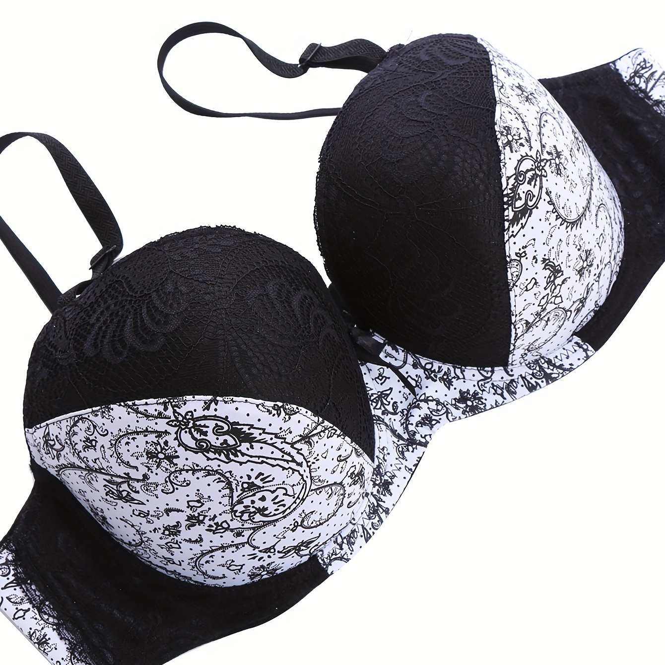 

Women's Sexy Lace Panel Print Bra, Comfortable Medium Stretch Push Up Bra, Women's Underwear & Lingerie