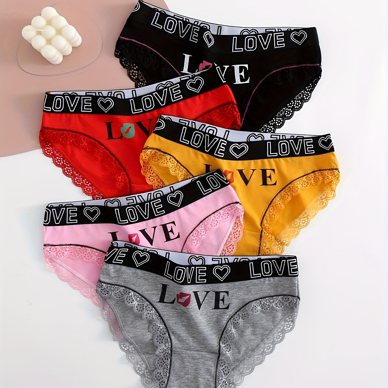 

5pcs Contrast Lace Letter Print Briefs, Comfy & Breathable Scallop Trim Panties, Women's Lingerie & Underwear