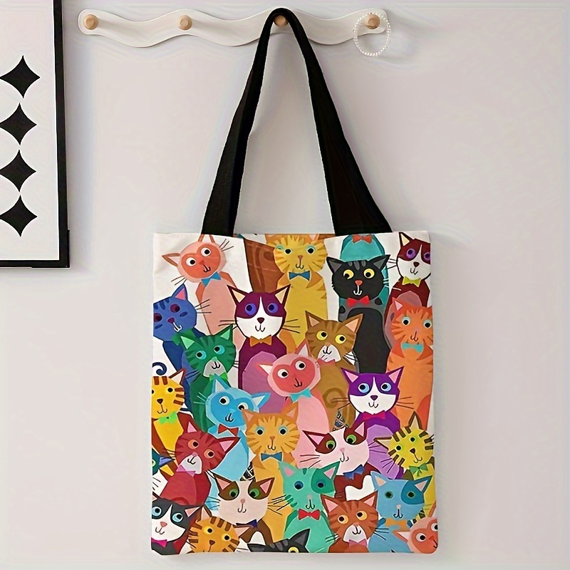 

Colorful Cat Pattern Printed Casual Tote Bag, Reusable Fashionable Bag, Multi Functional Handbag, Printed Shopping Bag