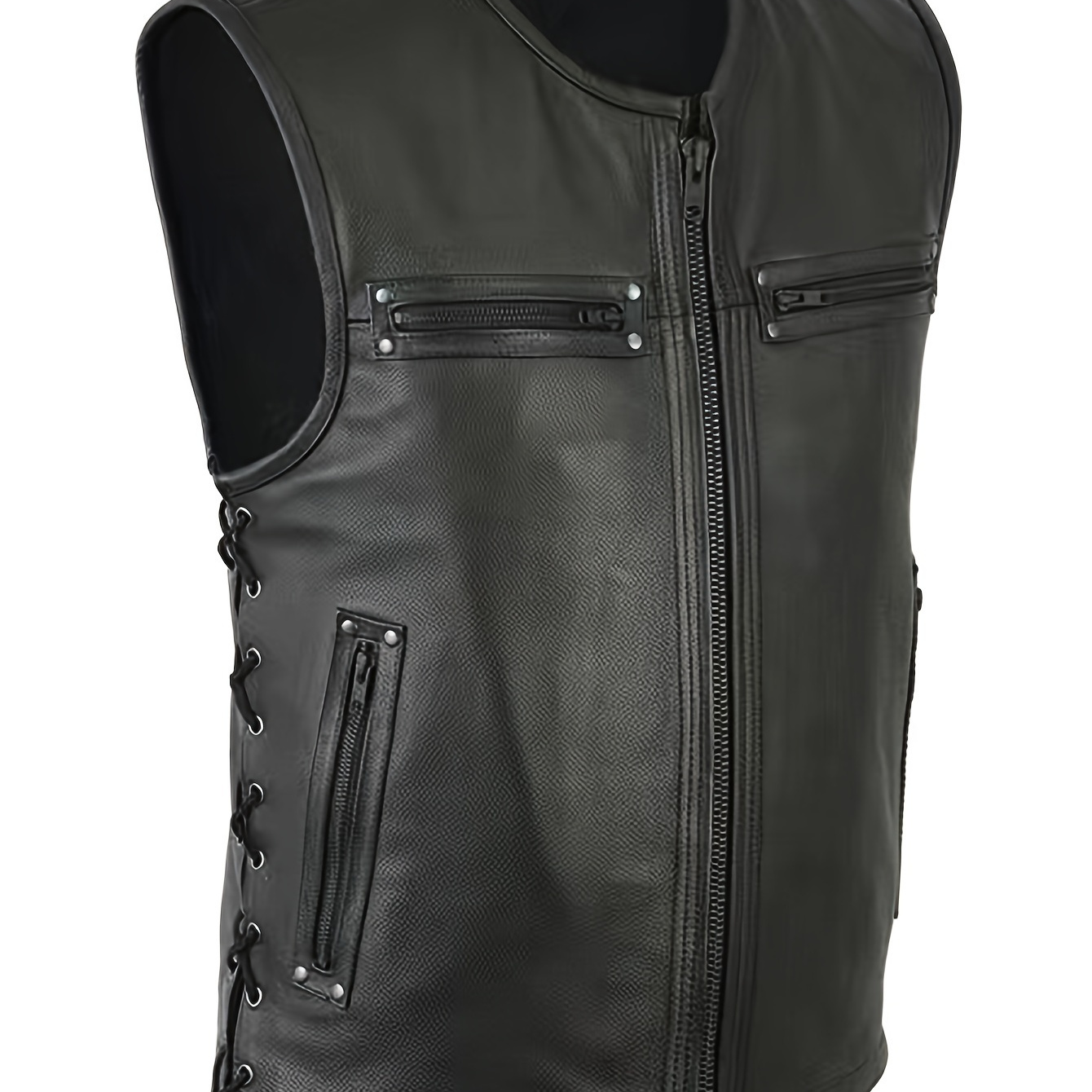 

Men' Motorcycle Vest, Faux Leather & Polyester Crew Neck Jacket With Zipper, Solid Color, Regular Fit, Woven Outwear