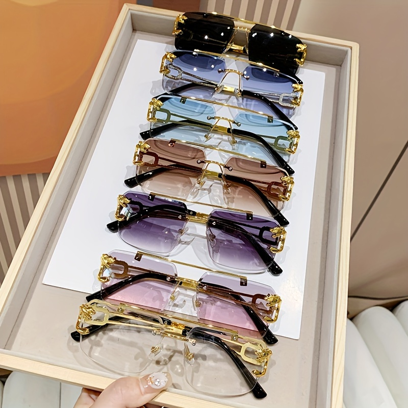 

7pcs Double Beam Glasses Multiple Colors Rectangular Metal Glasses Suitable For Daily Parties, Driving, Traveling, And Taking Photos