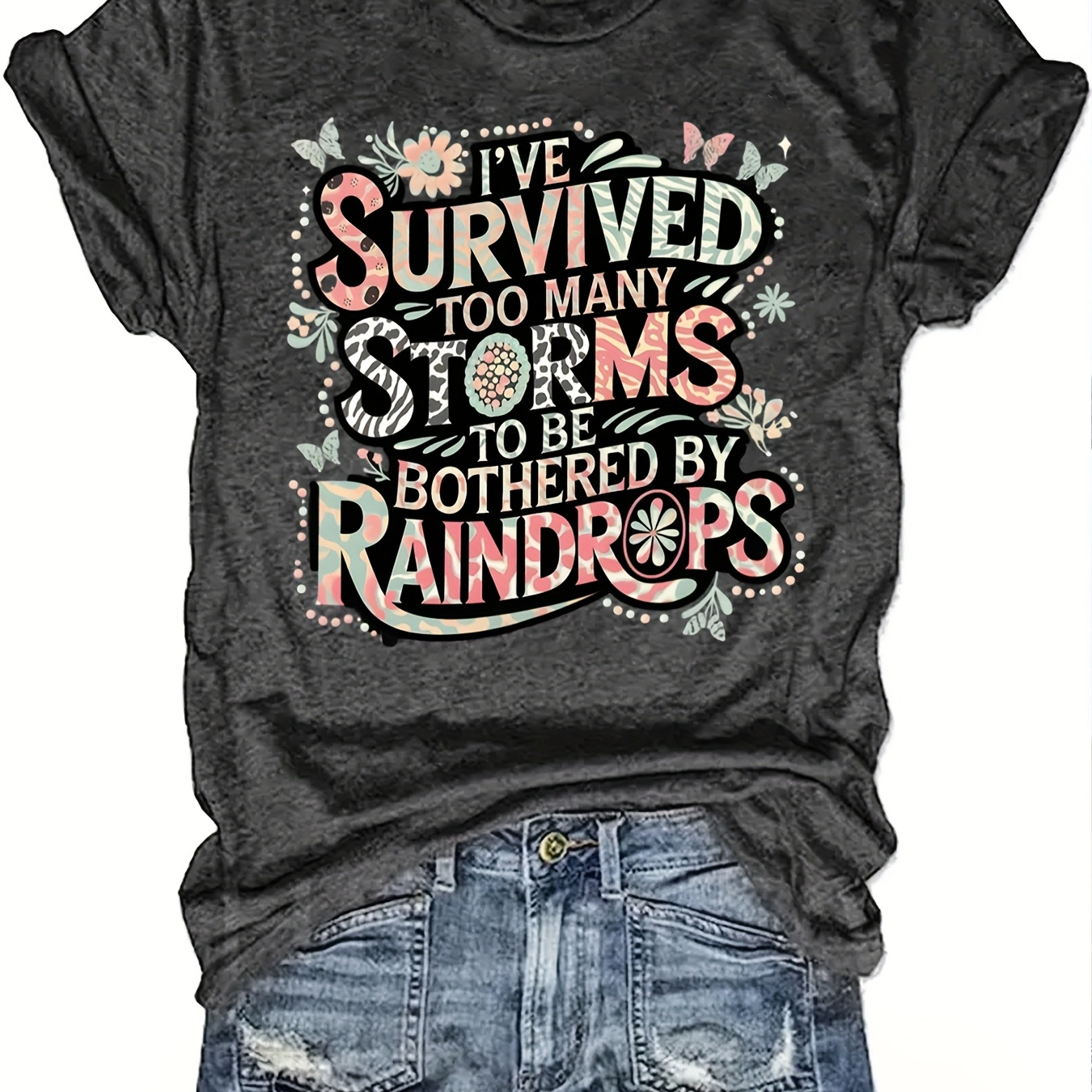 TEMU [floral T-shirt] Casual Floral Alphabet Pattern Round Neck T-shirt For Ladies Perfect Gift For