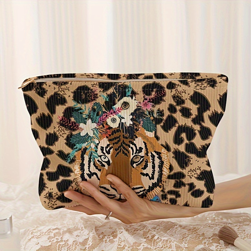 

Tiger Pattern Printed Corduroy Zipper Storage Bag, Lightweight Makeup Bag, Multi-functional Wash Bag With Lining