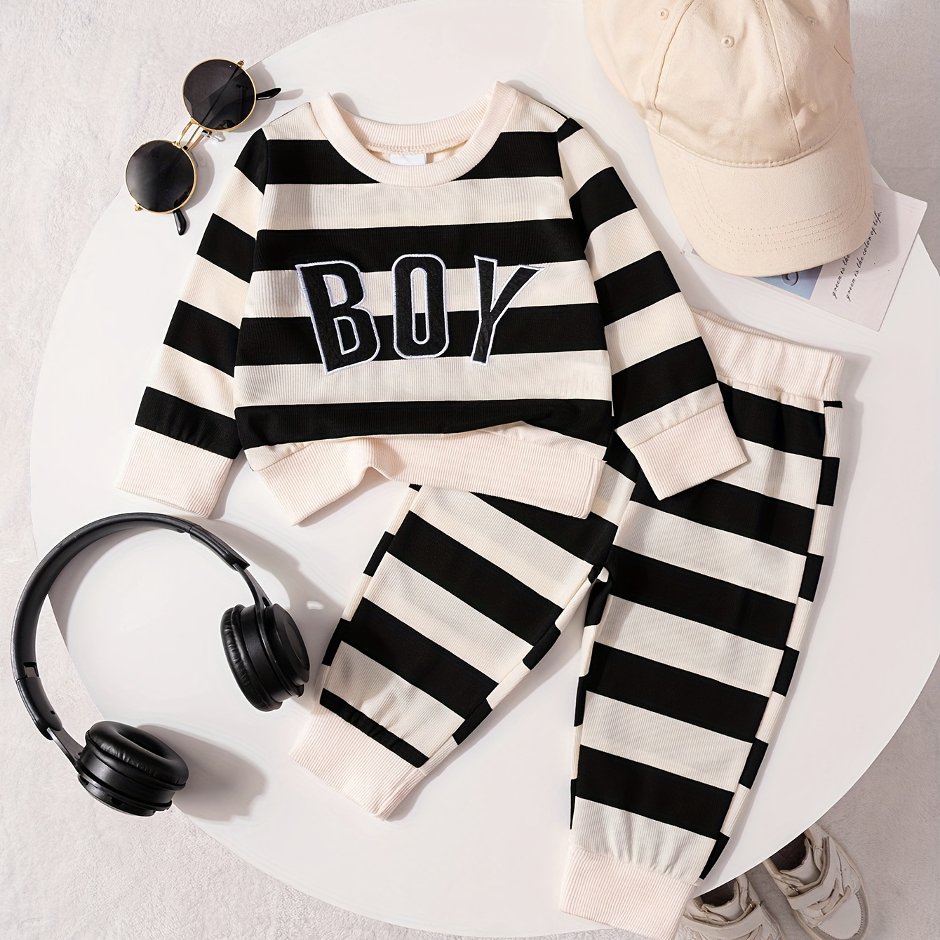 

Boy Striped Knit Set: Long Sleeve Top With 'boy' Embroidery And Striped Pants - Fall/winter Seasons