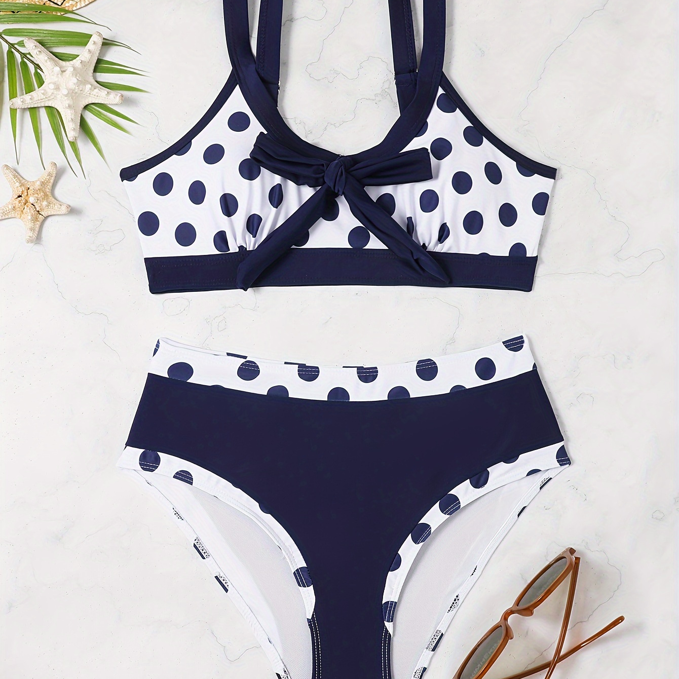 

Polka Dots Print Bowknot Retro 2 Piece Set Bikini, Navy Blue High Waisted V Neck Stretchy Swimsuits, Women's Swimwear & Clothing