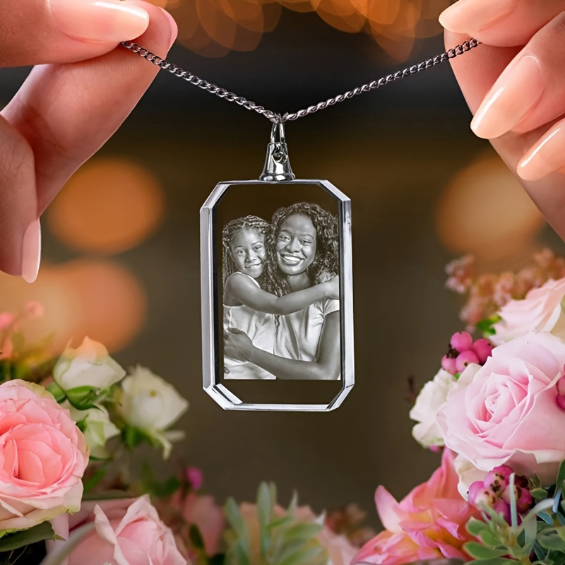 

Custom Photo Glass Pendant Necklace Laser Engraved Personalized Picture For Men/women, Simple Luxury Synthetic Stone, Silver Plated Jewelry, Ideal For Daily Wear & Gift-giving, Christmas Compatible