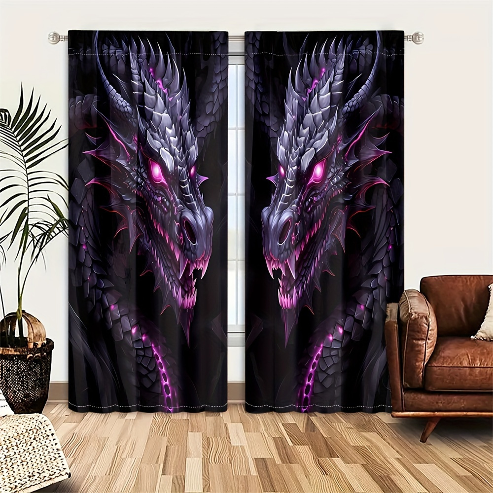 

2pcs Purple Dragon Print Translucent Curtains Privacy Protector Curtain For Bedroom Living Room Office Home Decor