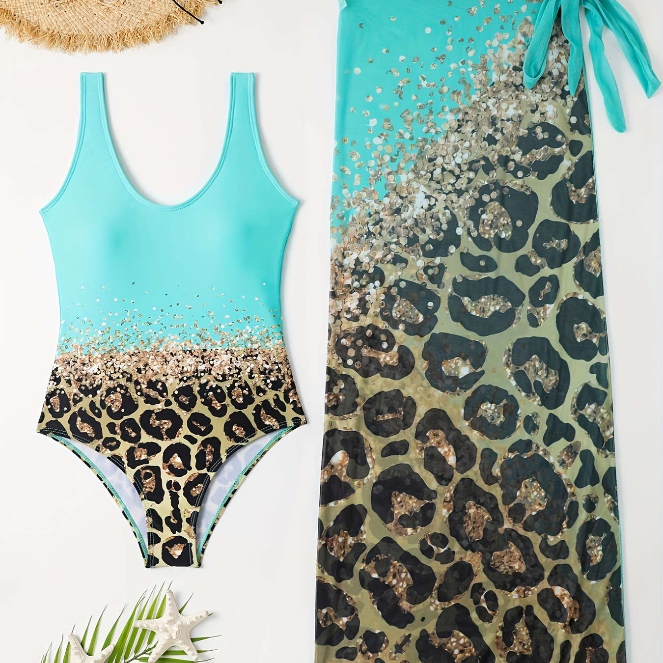 

Leopard Print Glitter Golden Pattern Swimsuit With Wrap Cover Up, Stretchy Scoop Neck High Cut Sexy 2 Piece Set, Women's Swimwear & Clothing