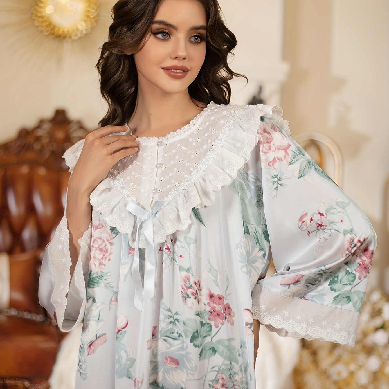 

Elegant Floral Print Contrast Lace Nightdress, Bell Sleeve Button Up Round Neck Sleep Dress, Women's Sleepwear & Dresses