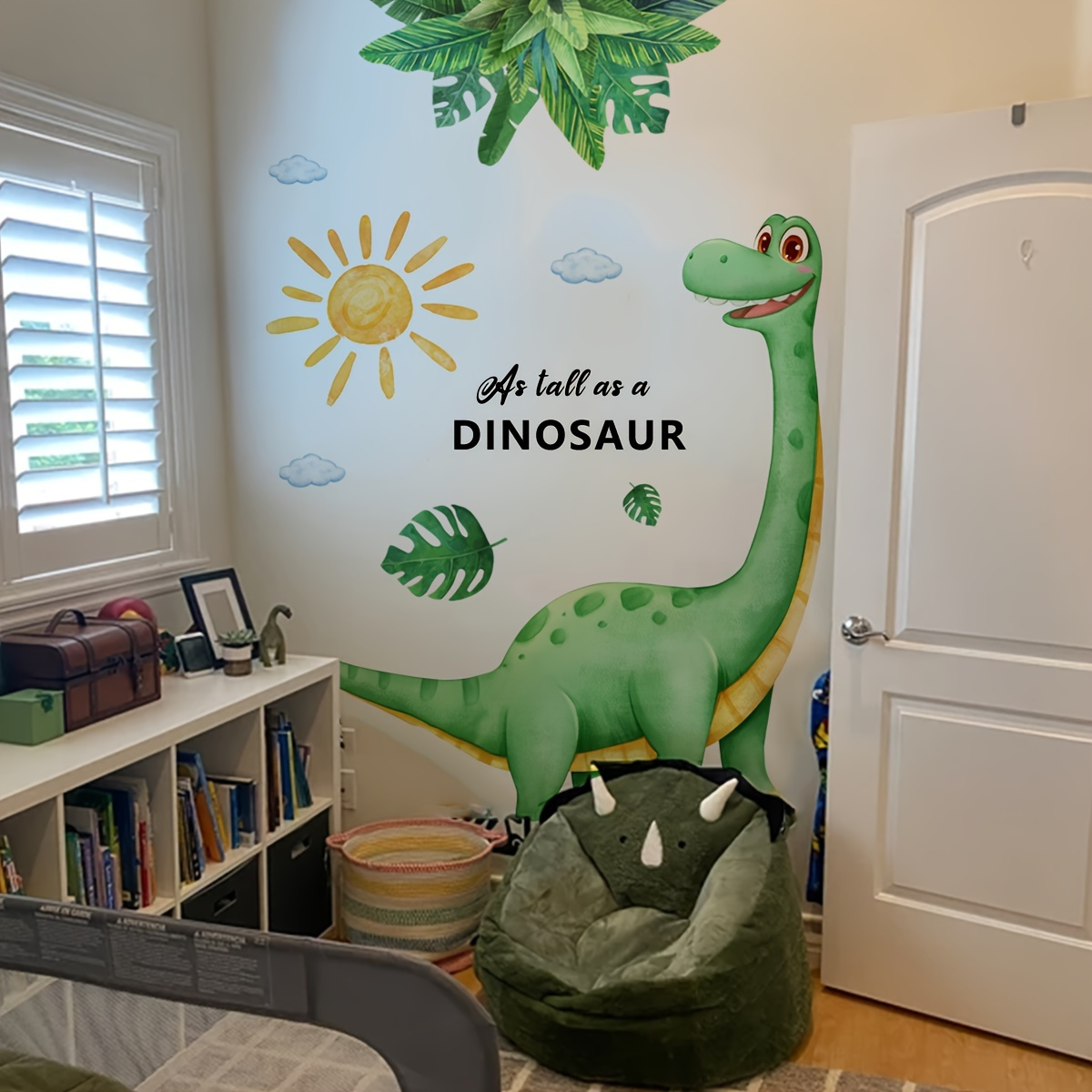 

1pc Removable Sticker, Cartoon Art, Sunshine And Green Plants Dinosaur, Removable Waterproof, For Bedroom Living Room Decor, Home Decor, Room Decor, Sticker Packs