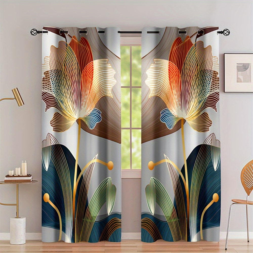 

2pcs, Abstract Floral Golden Line Modern Floral Digital Printed Curtain Living Room Curtains, Grommet Top Curtains For Living Room Furniture Decoration Home Decor