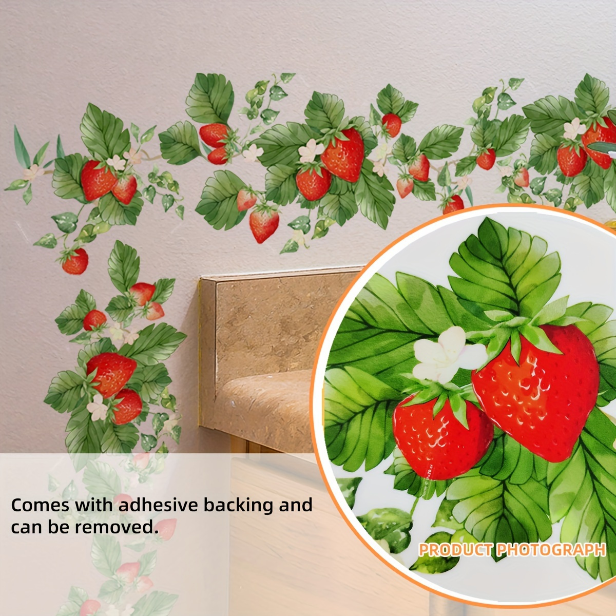 

Contemporary Strawberry Vine Wall Decals: Adhesive Backing, Reusable, And Suitable For Glass