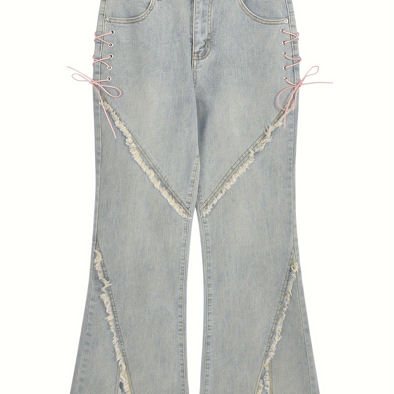 

Tie Side High Waist Flared Jeans, Split Front Raw Trim Washed Bell Bottom Denim Pants, Women's Denim Jeans & Clothing