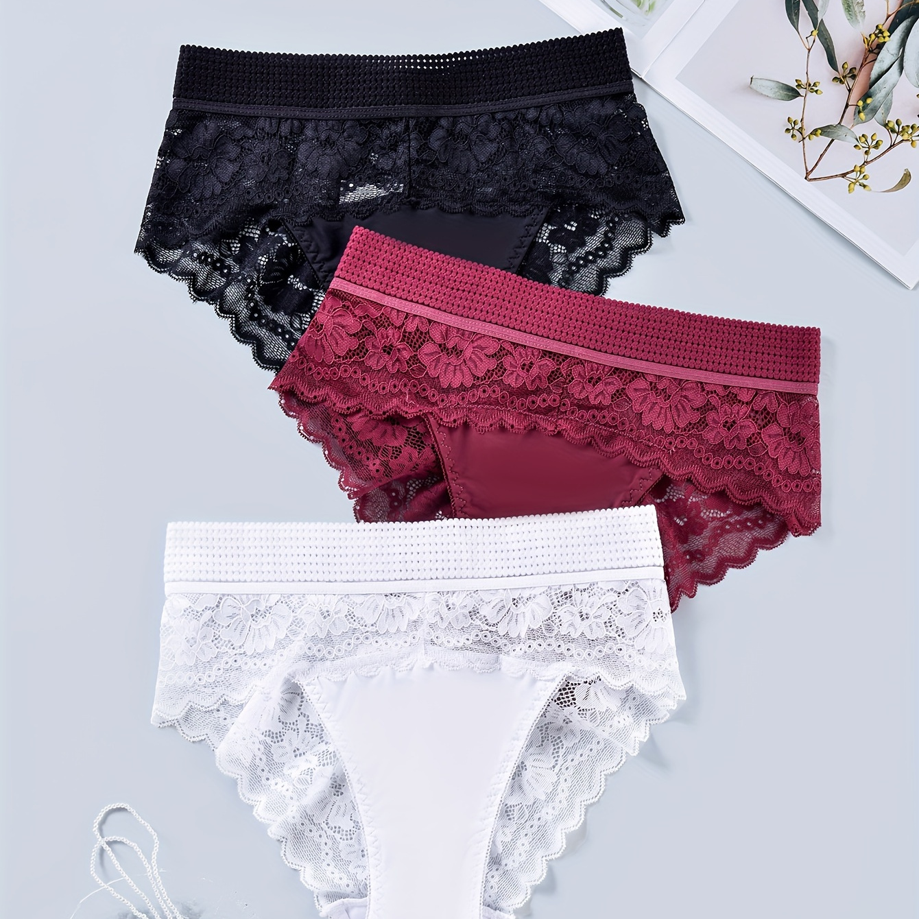 

3pcs Contrast Lace Briefs, Comfy & Breathable Stretchy Intimates Panties, Women's Lingerie & Underwear