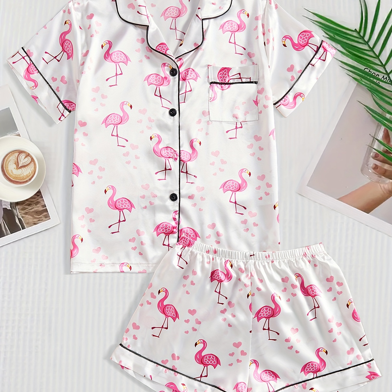 

Casual Flamingo Print Satin Pajama Set, Short Sleeve Button Up Lapel Collar Top & Elastic Shorts, Women's Sleepwear & Loungewear
