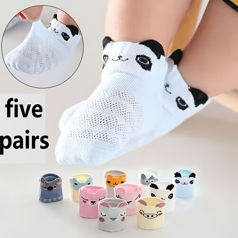 

5 Pairs Of Boy's Trendy Cartoon Animal Pattern Crew Socks, Breathable Mesh Thin Cotton Blend Comfy Casual Style Unisex Socks For Kids Summer Outdoor Wearing