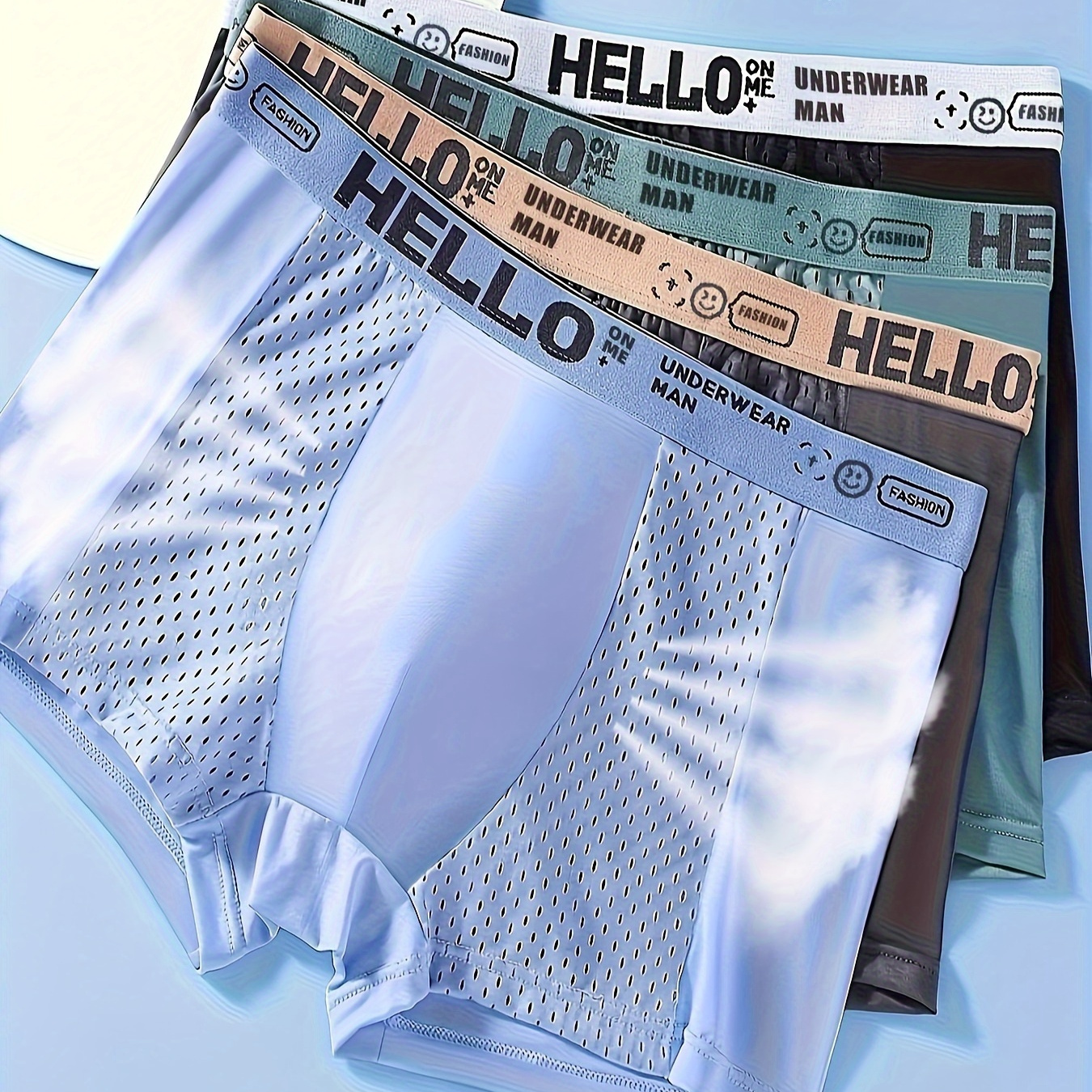

4pcs Men's Fashion Briefs, Mesh Semi-sheer Boxer Shorts, 'hello' Print Breathable Comfy Stretchy Underwear Panties, Ice Silk Cool Underpants