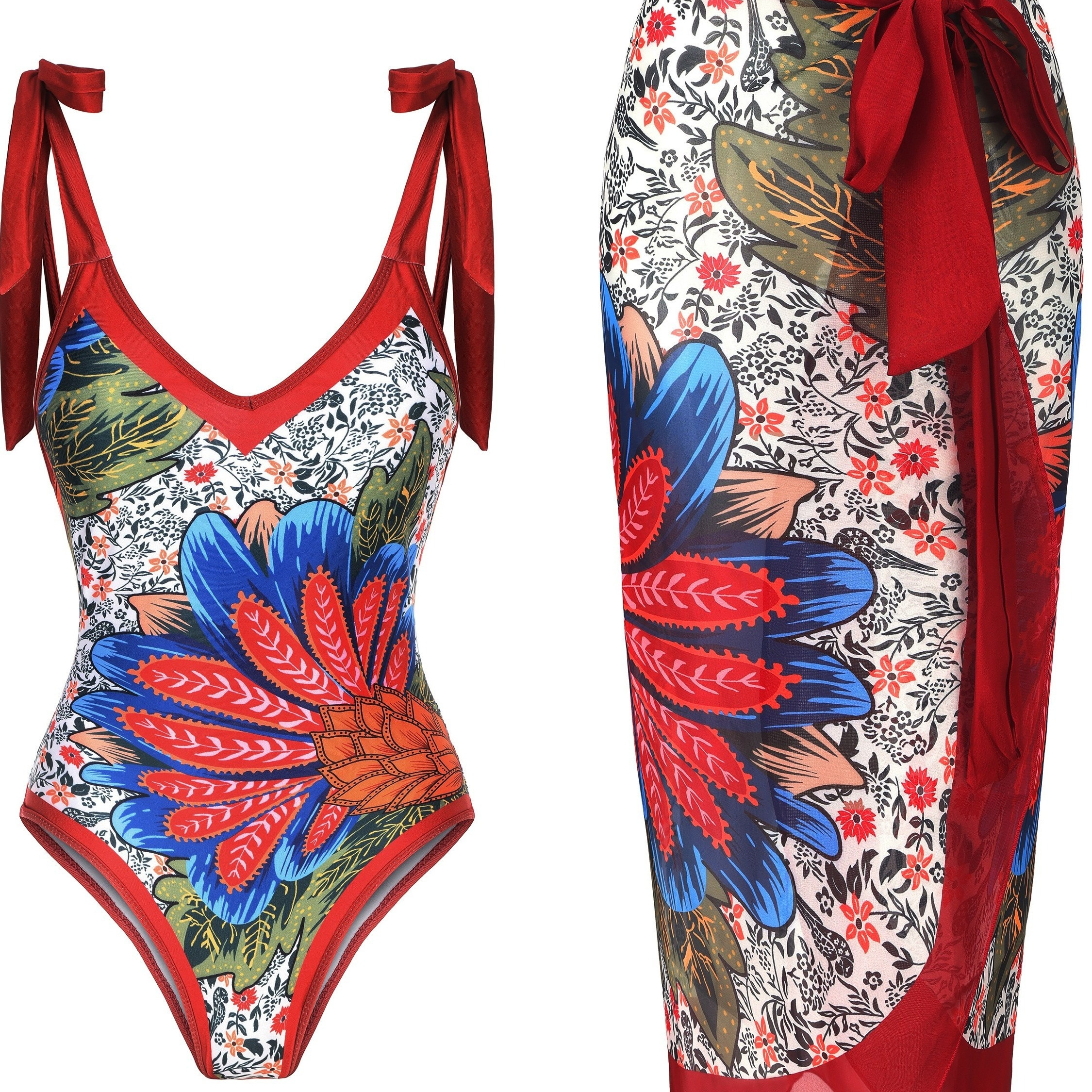 

Allover Floral Print Tie Shoulder Bathing Suit With Tie Side Wrap Maxi Cover Up Dress, Deep V Neck Contrast Trim Elegant 2 Piece Swimsuit, Women's Swimwear & Clothing