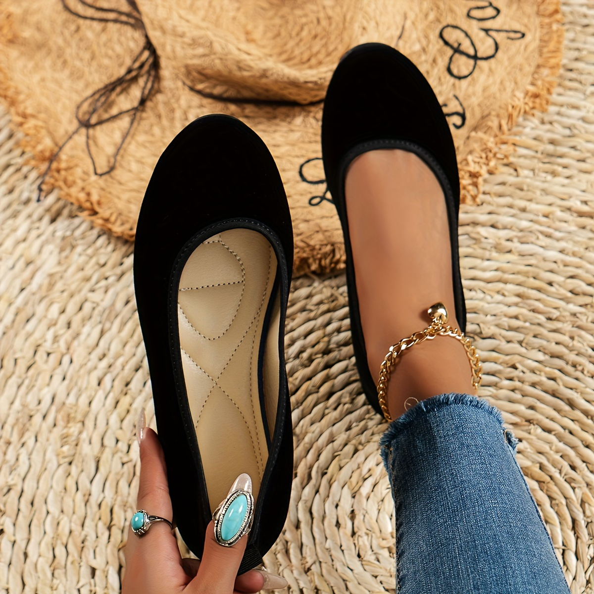 

Women's Round Toe Flat Shoes, Comfortable Black Slip On Shoes, All-match Soft Sole Work Flats