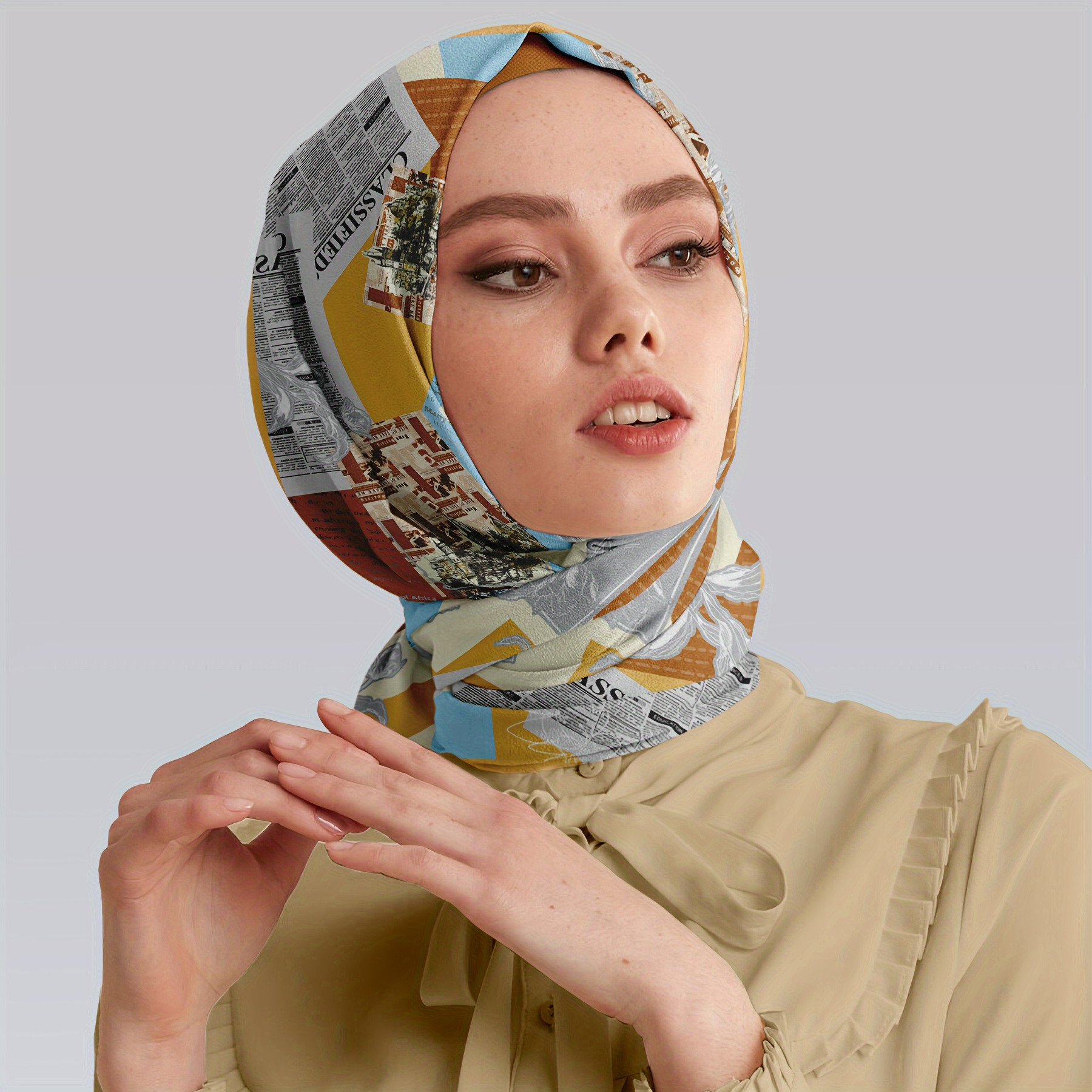 

27.56" Newspaper Print Square Scarf Stylish Thin Silk Feeling Shawl Casual Outdoor Decorative Neck Scarf Headscarf