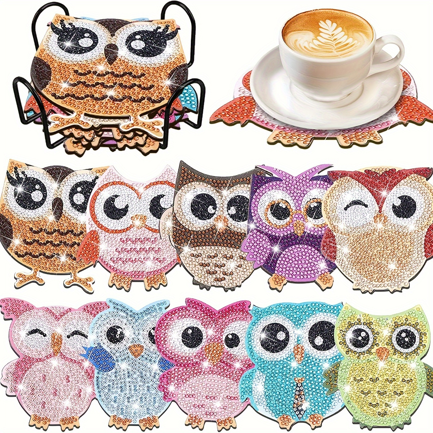 

10pcs Owl Shaped Artificial Diamond Painted Coaster Set Diy Owl Diamond Painted Coaster, Owl Diamond Painted Coaster And Stand, Arts And Crafts Supplies Gift For Beginners