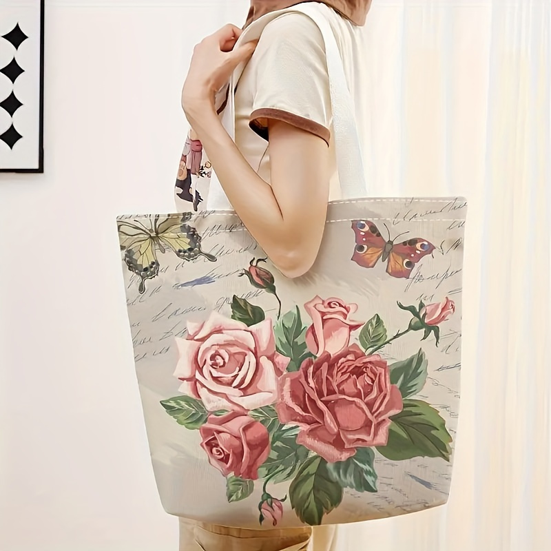 

Flower Pattern Double-sided Printed Casual Tote Bag, Reusable Fashionable Bag, Multi Functional Handbag, Printed Shopping Bag