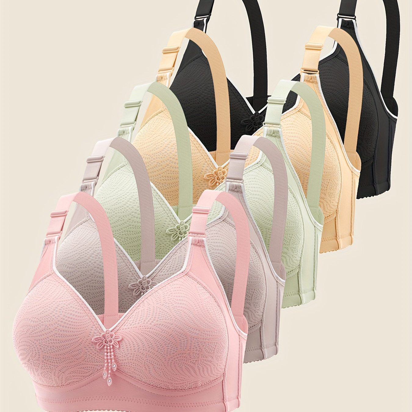 

5-pack Elegant Printed Wireless Bras With Adjustable Straps, Comfortable No Underwire Support, Assorted Colors
