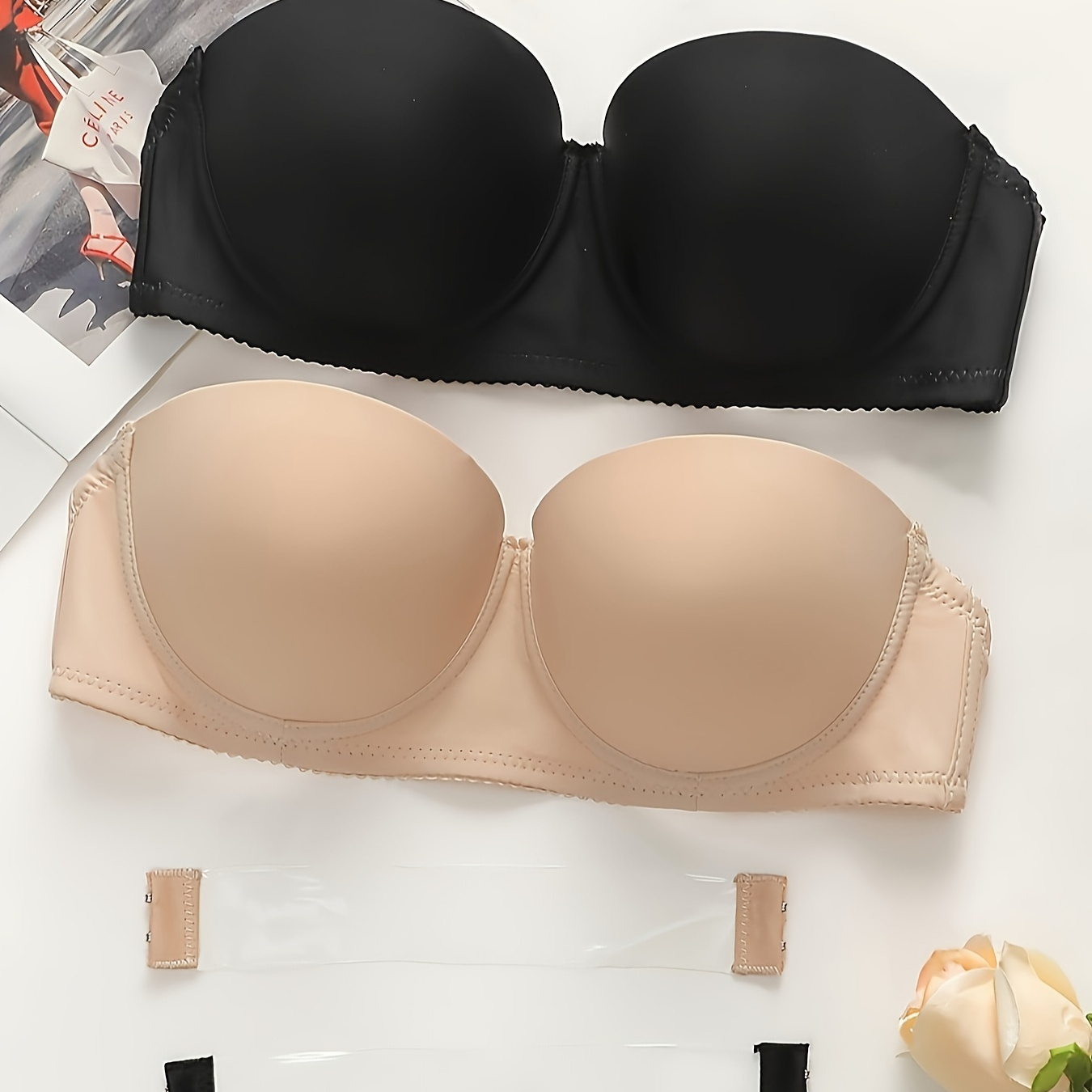 

2pcs Solid Strapless Tube Bra, Push Up Underwire Bandeau Bra, Women's Lingerie & Underwear