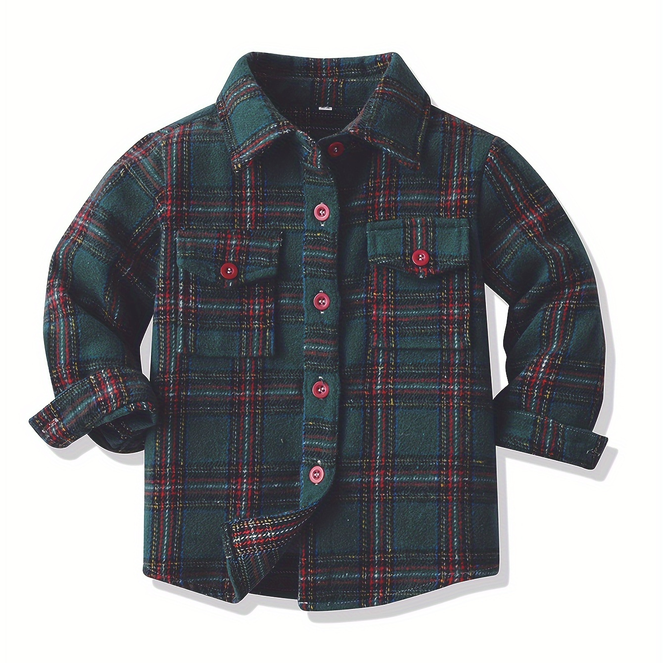 

Boy's Plaid Color Trendy Christmas Tee Tops Kids Long Sleeve Pockets Lapel Thick Preppy Button-down Shirt For Fall Winter