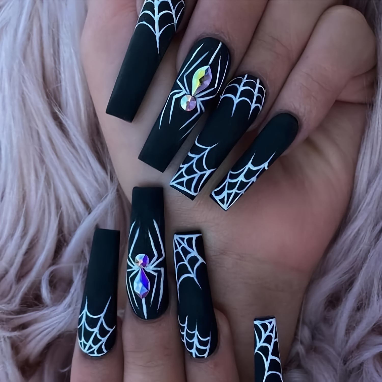 

24pcs Matte Black Fake Nails, White Cobweb And Rhinestone Spider With Design, Full Cover Long Coffin False Nails For Women Girls